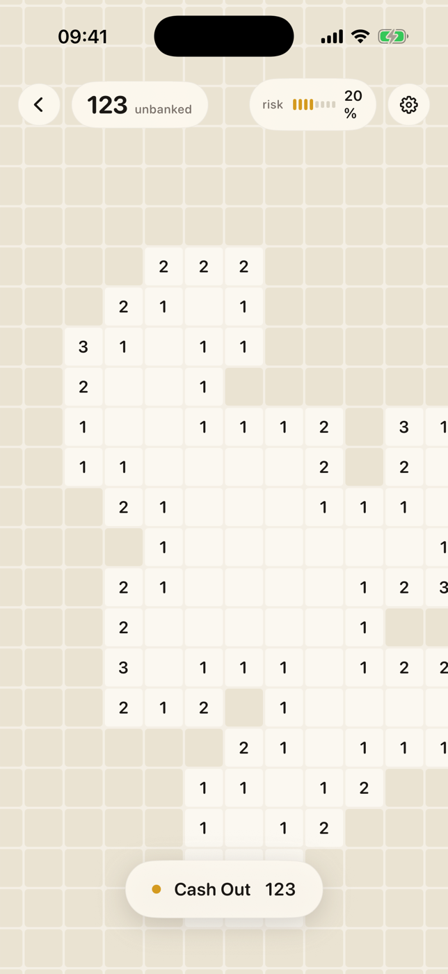 A SAPPER run in progress, showing the unbanked score and live risk